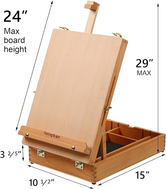 Falling in Art Wooden Tabletop Easel, Beech Wood Sketchbox Desktop Easel for Painting, Portable Art Drawing Easel for Beginners and Professionals