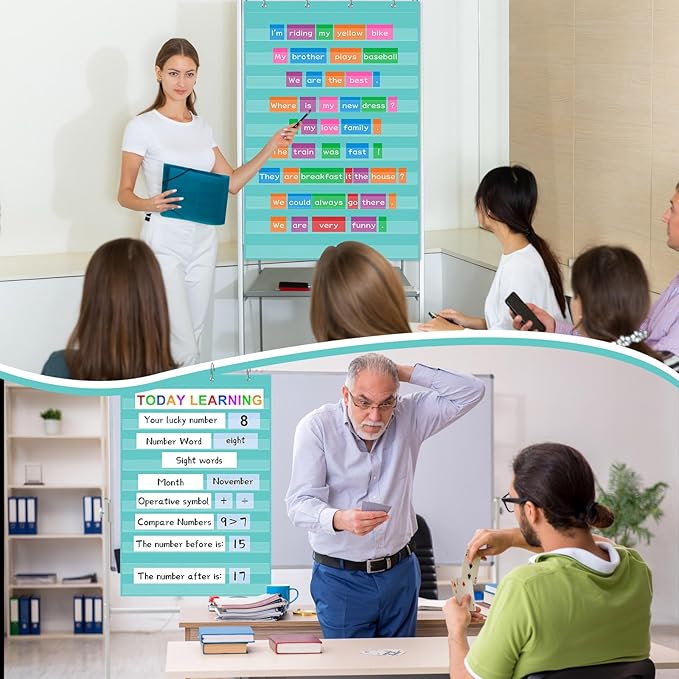 Standard Pocket Chart 28 x 43 Inches Transparent 10 Pocket Charts for Word Walls Letter Cards Sentence Strips School Classroom Supplies Home Back to School Teacher Gifts (Aqua Green)