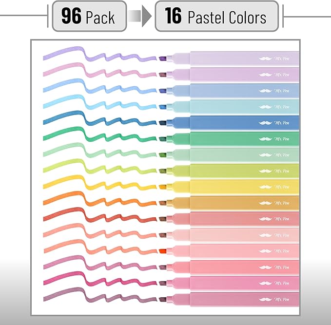 Mr. Pen- Aesthetic Highlighters No Bleed Bulk, 96 Pack, Pastel Color, Chisel Tip, Cute Highlighters Assorted Colors for Journaling, Highlighting, Underlining, Fast Dry, Back to School Supplies