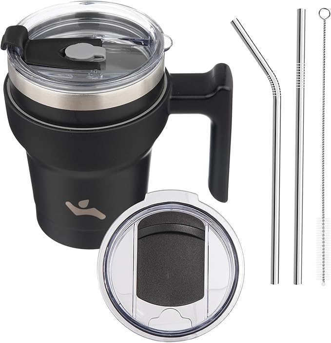Konokyo 10 oz Tumbler with Handle and 2 Straw 2 Lid, Insulated Water Bottle Stainless Steel Vacuum Cup Reusable Travel Mug,Black