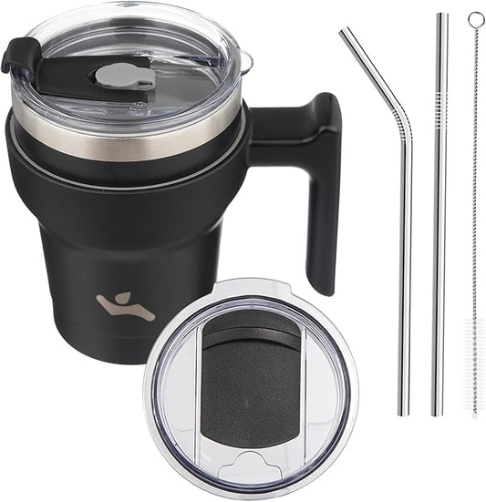 Konokyo 10 oz Tumbler with Handle and 2 Straw 2 Lid, Insulated Water Bottle Stainless Steel Vacuum Cup Reusable Travel Mug,Black