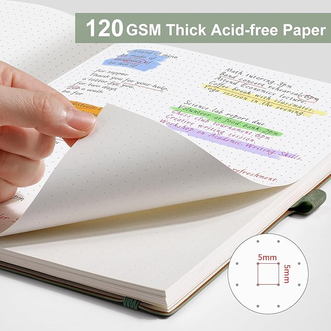 AHGXG Dotted Journal - Dot Grid Notebook Journal, 120 GSM Thick Acid-Free Paper, Large B5 Dotted Notebook 96 Pages, Leather Softcover, Inner Pocket, Journal Stencil, 7.6'' X 10'', Sage Green