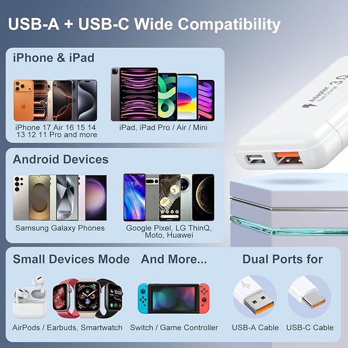 Slim Flat USB C Wall Plug, OKRAY 50W Ultra-Thin&Foldable Dual USB Charger PD30W USB-C+USB-A Fast Charging Block Multiport Travel Power Adapter for iPhone 17 Air 16 15 14 13 12 Pro,iPad, AirPods,iwatch