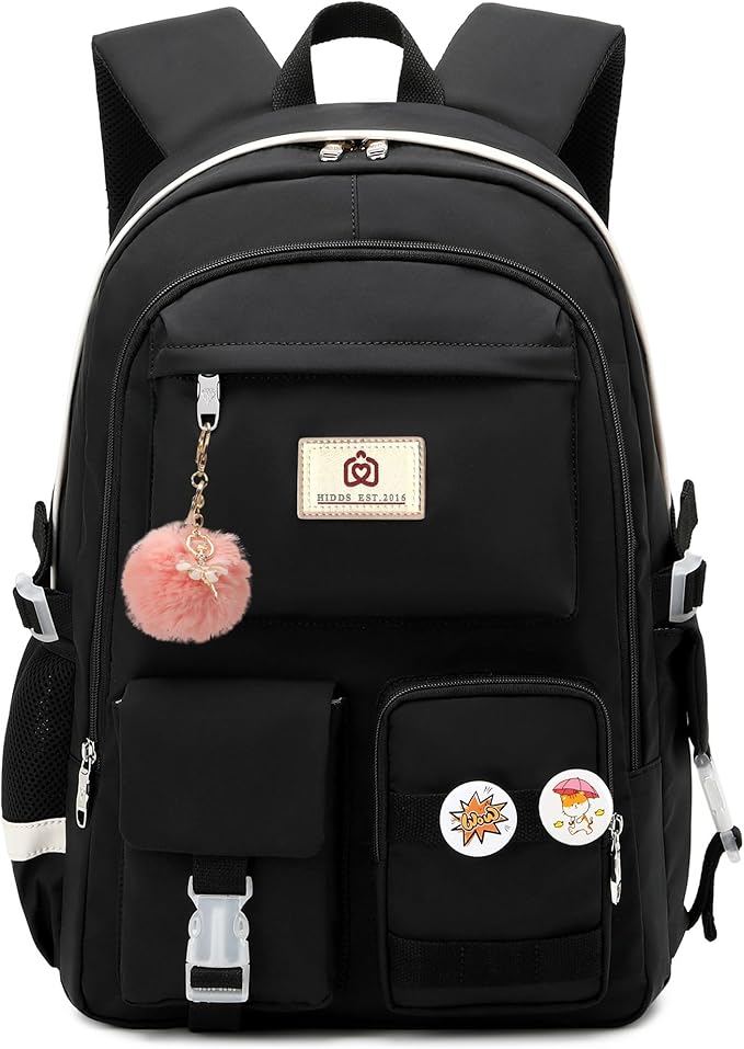 Hidds Laptop Backpacks 15.6 Inch College School Backpack for Girls Women Bookbag Cute Elementary Middle High School Bags Big Anti Theft Travel Daypack Kids Book Bag for Teens Womens Student (Black)