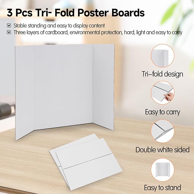 EARTHSON 3 Pack Trifold Presentation Board, 24" x 16" Portable Poster Board, White Corrugated Display Board for School, Business Projects, Event Displays, Science Fairs