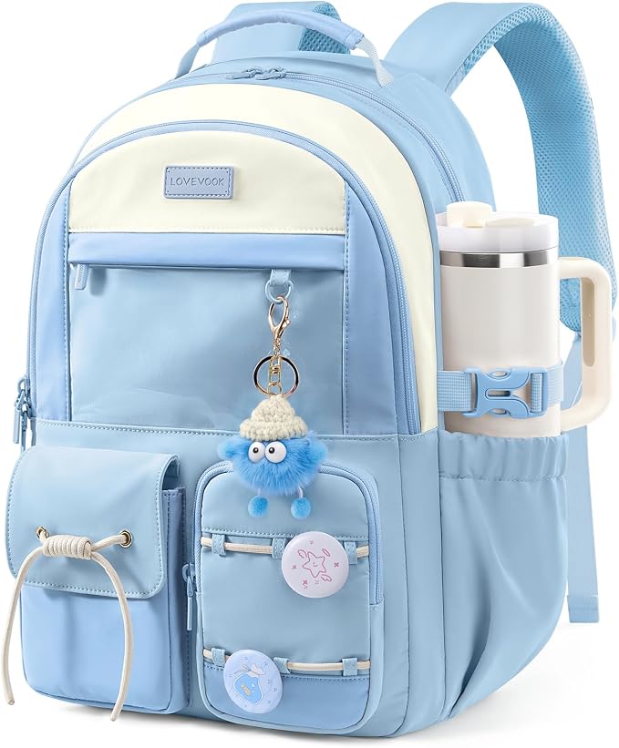 LOVEVOOK School Backpack for Girls Ages 8-16，Cute Student Bookbag for Teen Girls Kids Back to School with Cup Holder, DIY Ita Bag Fit 15.6 Inch Laptop for Elementary & Middle School