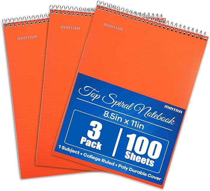 Mintra Office TOP BOUND Durable Spiral Notebooks (Orange, College Ruled 3pk)