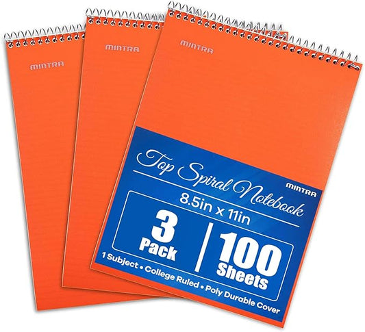 Mintra Office TOP BOUND Durable Spiral Notebooks (Orange, College Ruled 3pk)
