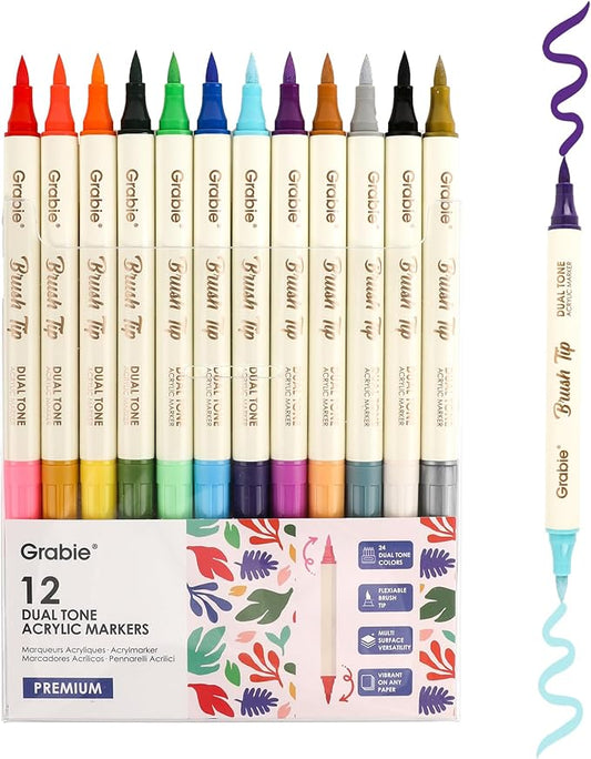 Grabie 24 Colors Acrylic Paint Markers, 12 Pack Dual Tip Soft Brush Acrylic Markers, Water-Based Paint Pens for Paper, Rock Painting, Wood, Glass, Canvas, DIY Craft Art Supplies for Adult & Kids
