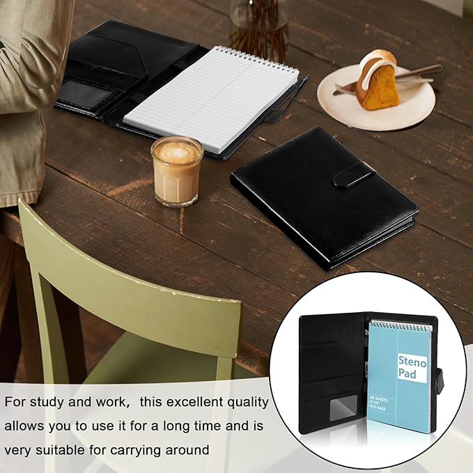 6 x 9 Inch Steno Pad Holder PU Leather Black Steno Pad Cover Business Padfolio Organizer Compatible with 6 x 9 Steno Notebook Portfolio Pocket Organizer With Pen Loop for Business