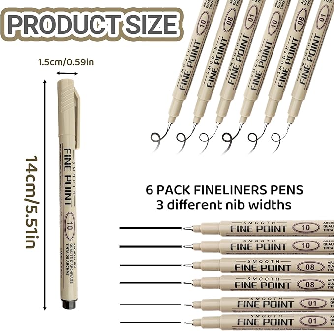 6 PCS Black Fineliner Pens - 0.25 0.5 0.6mm Ultra Fine Liner Pens - No Bleed Micro Pen Smooth Waterproof Gel Felt Ink Drawing Pens for Drawing, Sketching, Watercolor, Illustration, Manga