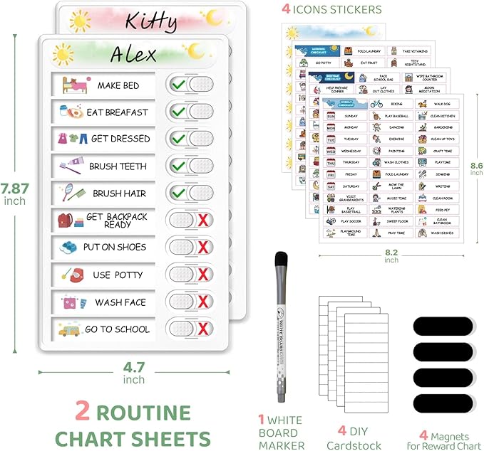 Upgraded Slider Dry Erase Chore Chart for Kids, Whiteboard Magnetic Chore Chart for 2 Kids, Reusable Morning/Bedtime Routine Chart for Kid Toddlers Teens Adult, Visual Schedule for Kid with Autism