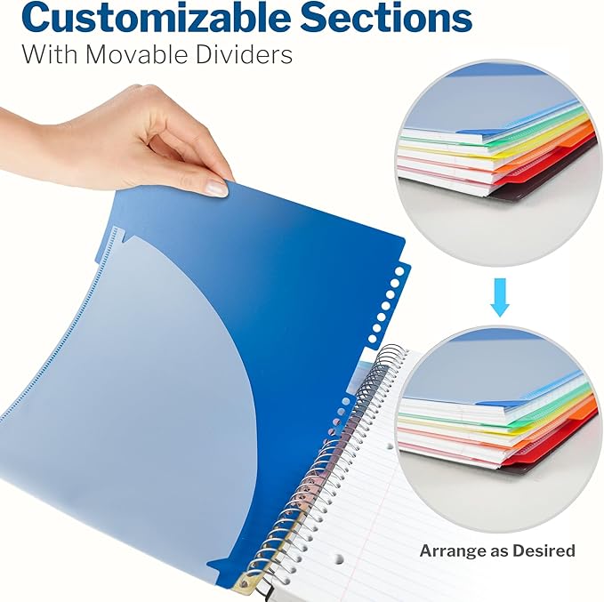 CRANBURY 5-Subject Notebook College Ruled, Movable Pocket Dividers with Tabs, 200 Sheets (400 Pages) 8.5x11 Paper, Colorful Spiral Notebook, Protective Plastic Covers, Multi Subject