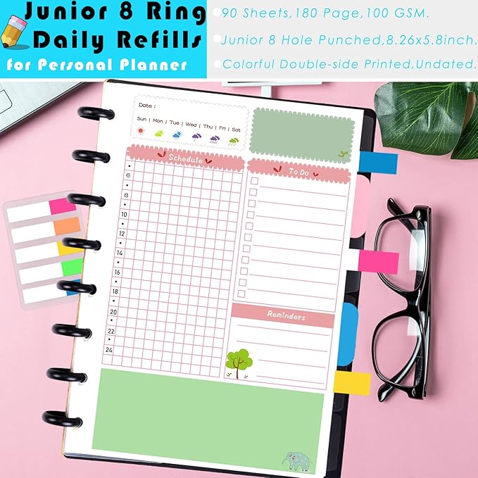 Rancco Junior Daily Planner Refills, 180 Pages 8 Hole Punched Half Letter Binder Paper Inserts w/Index Tabs, Index Dividers, Loose-Leaf Pocket, Ruler For Circa, Arc, TUL, Happy Planner, 5.5x8.5"