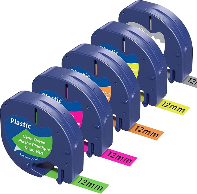5-PK Colorful Tape Set Replace for Dymo Letratag Refills Plastic Silver & Fluorescent Green/Pink/Orange/Yellow Compatible for Dymo Label Maker Refills for Letratag 100H 100T Plus 200B QX50 XR XM 2000