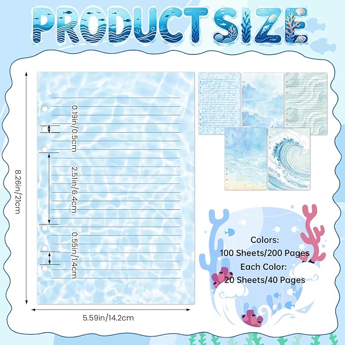 100 Sheets Ocean Waves A5 Planner Inserts - 120GSM Thick Blue Sea Refill Paper for A5 6-Ring Binder, Watercolor 6 Hole Loose Leaf Sheets for Journal Diary Notebook Budget Creative Planning