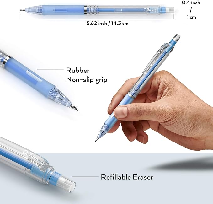 Nicpro 23PCS Pastel Mechanical Pencil 0.5 & 0.7 mm with Case for School, with 12 tubes HB Lead Refills, 3 Erasers, 9 Eraser Refills For Student Writing, Drawing, Sketching, Blue & Pink & White Colors