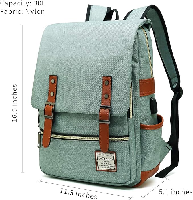 Mancio Vintage Laptop Backpack with USB Charging Port, Slim Tear Resistant Business Backpack for Travelling, College, Casual Daypacks for Men,Women, Fits up to 15.6Inch Notebook, Green