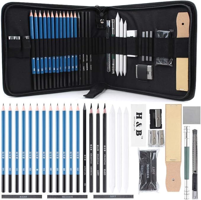 33 Piece Professional Art Kit Drawing Pencils with Sketch Kit, Charcoal Pencils, Graphite Pencils, Erasers with Kit Bag