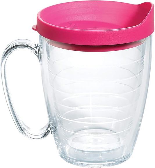 Tervis Clear & Colorful Lidded Made in USA Double Walled Insulated Tumbler Travel Cup Keeps Drinks Cold & Hot, 16oz Mug, Fuchsia Lid