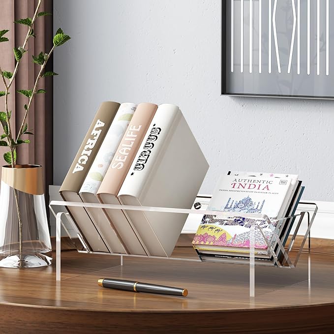 Clear Acrylic Small Bookshelf,Desk Bookcase for Kids Space-Saving Book Holder,Slanted Transparent Mini Book Storage Rack for Office Bedroom Living Room