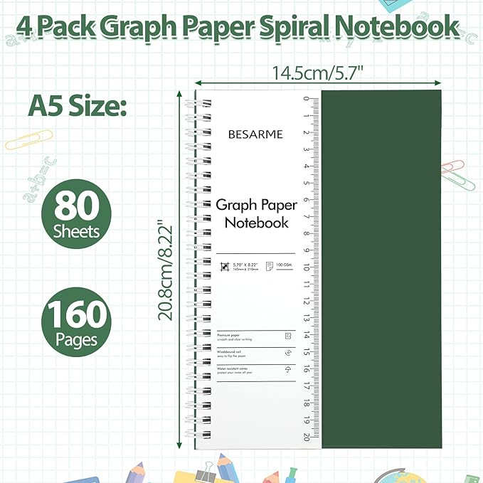 BESARME 4 Pack Graph Paper Notebook A5 Grid Paper Notebooks Waterproof Plastic Graphing Spiral Journal 5.7" x 8.22" Engineering Notebooks for Work School Supplies, 640 Pages 100 GSM