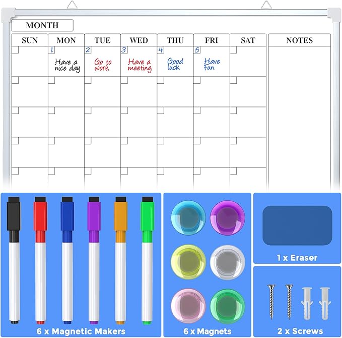 MaxGear Double Sided Magnetic Dry Erase Board Calendar, 36" x 24" Monthly Whiteboard for Wall, Aluminum Framed Reversible White Board with Notes Section, Markers, Magnets & Eraser for Home Office