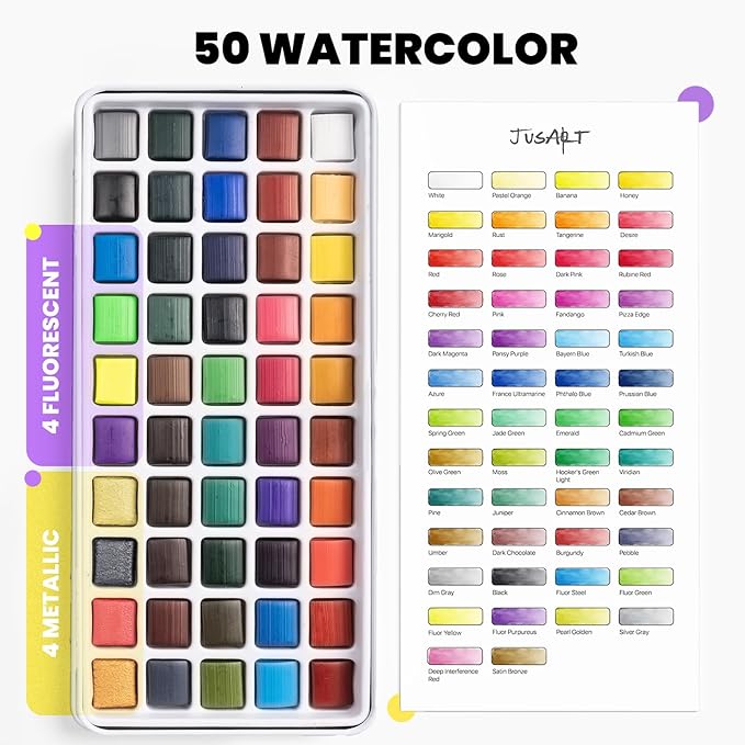 JusArt 50 Colors Watercolor Paint Set,Art Supplies with Metallic Color, Detail Painting Brushes, Water Brush Pens, Portable Travel Watercolor Painting Set for Adult, Artists, Professionals