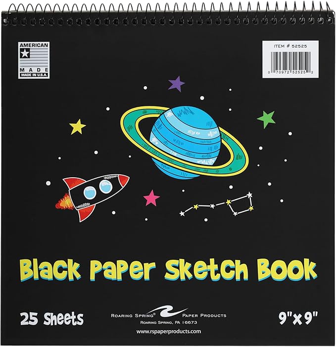 Roaring Spring Black Paper Sketch Book 9" x 9" – 25 Sheets, 70 lb. Heavyweight Pages, Top Spiral Bound, Perforated Acid-Free Drawing Pad for Gel Pens, Metallic Markers, Colored Pencils & Art Projects