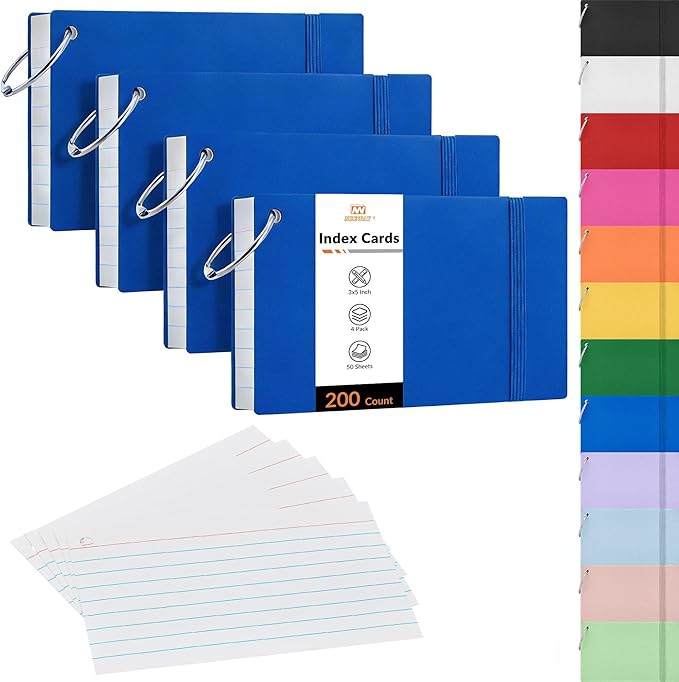 NEEWAY Ruled Index Cards with Ring 3x5 Inches, 200 Count Note Cards Lined, Flash Cards with Rings for Studying, Home and Office (Blue)