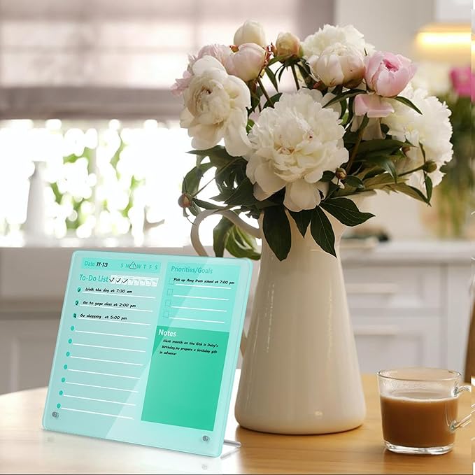 Desktop Thickened Acrylic Dry Erase Board to do List Planner Board，12"x10"，Tabletop Whiteboard with Stand，Frameless Green Dry Erase White Board，for Office/Home/School