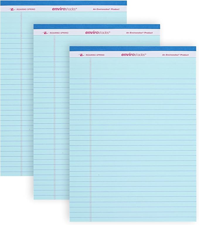 ROARING SPRING Enviroshades Blue Legal Pads, 3 Pack, Legal Ruled Recycled Colored Writing Note Pads, 8.5" x 11", 50 Sheets, Perforated Paper, Made in USA, Memo Pad For School & Office