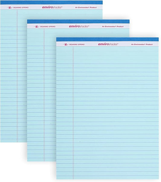ROARING SPRING Enviroshades Blue Legal Pads, 3 Pack, Legal Ruled Recycled Colored Writing Note Pads, 8.5" x 11", 50 Sheets, Perforated Paper, Made in USA, Memo Pad For School & Office