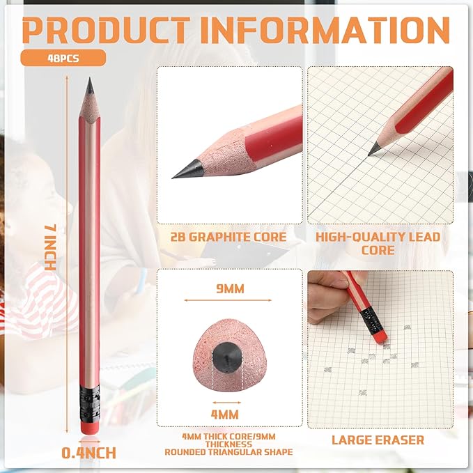 Seajan 48 Pcs 2b Jumbo Pencils, Big, Fat, Thick, Triangular Grip 7 Inch Large Pencils Refill with Eraser for Beginners Office Christmas Gifts(Red)
