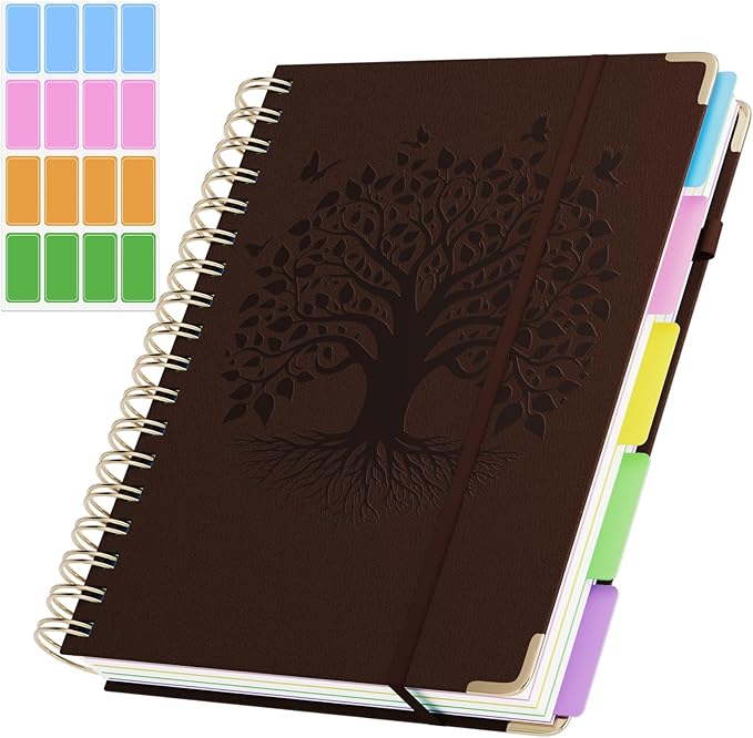 QIYVLOS Hardcover Spiral Notebook, B5 Journal with Removable Dividers Tabs, 5 Subject Notebook College Ruled, 320 Pages 8"x10" Leather Notebooks for Work School Study, Lined Journal for Women, Brown