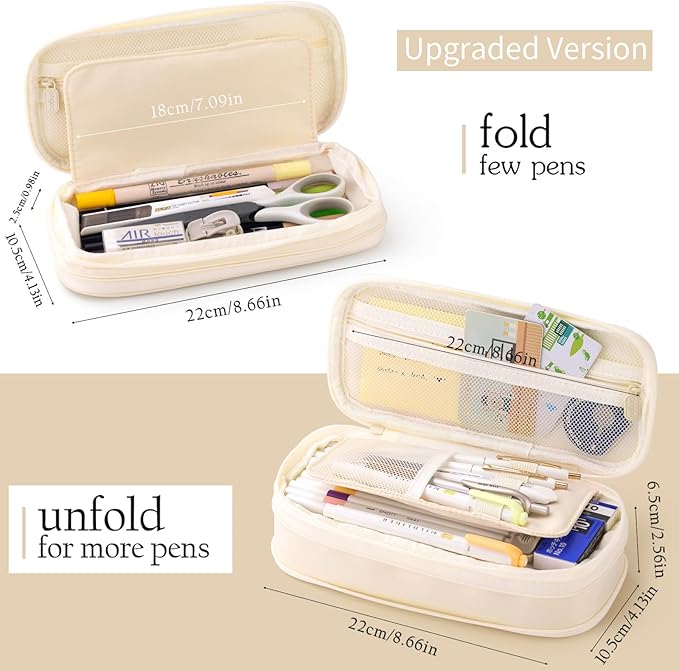 EASTHILL Big Capacity Pencil Case Large Pencil Pouch Stationery Pen Bag for Teen Girls-Cream