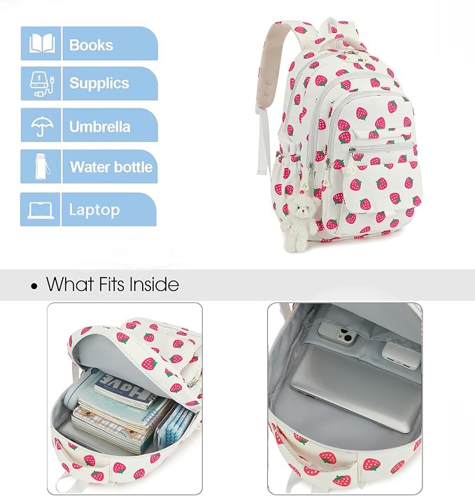 PRLINJSK Girls Backpack for College High Middle School Student, Cute Aesthetic Bookbag for Teens Women with Accessories, Beige Strawberry
