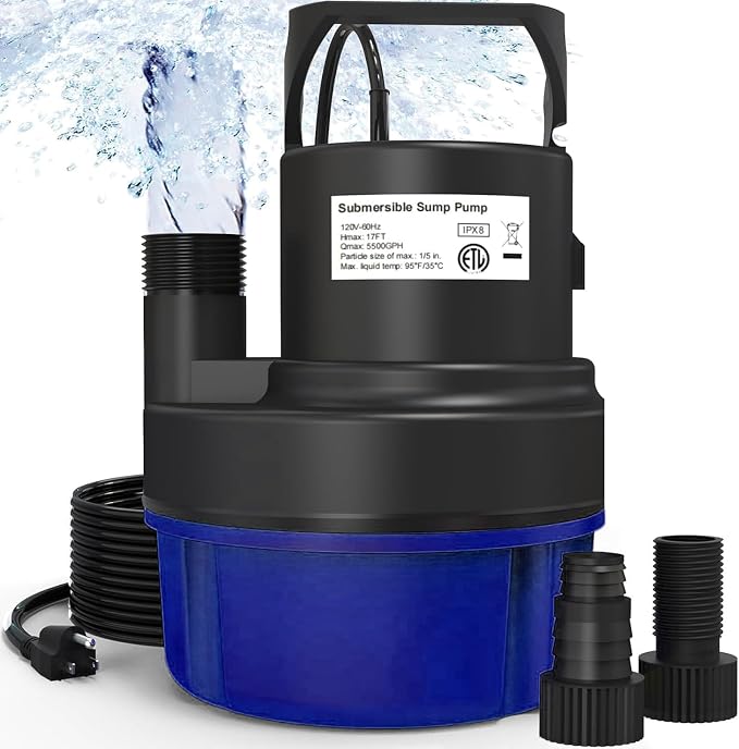 AgiiMan 3500GPH Pool Cover Pump, 1HP Submersible Sump Pump, Blue | 25FT Power Cord, 17FT Lift, IPX8 Thermoplastic Housing, Thermal Protection, Low Suction for Pools, Basements and Ponds