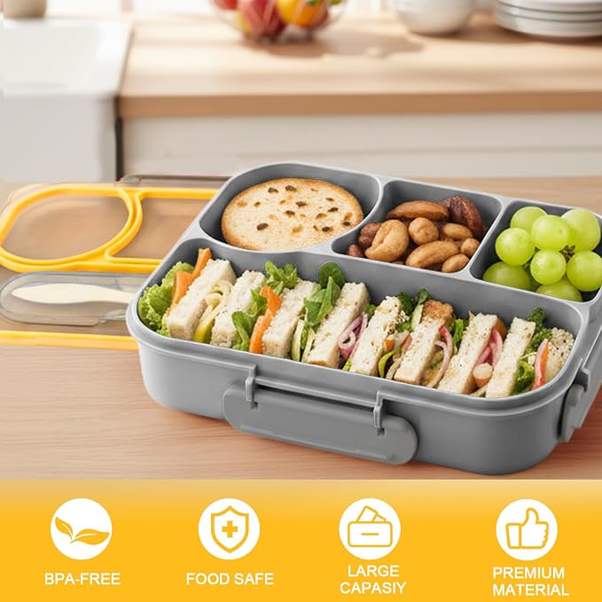 Bento Box for Adults,4 Compartments Lunch Box, Lunch Containers,Grey