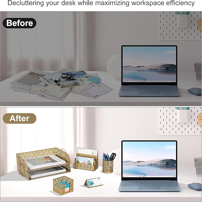 EasyPAG Desk Organizers and Accessories 5 Pieces Office Supplies Set - 2 Tier Paper Tray, Pencil Organizer for Desk, Mail Sorter Countertop, Business Card Holder and Sticky Note Holder, Gold