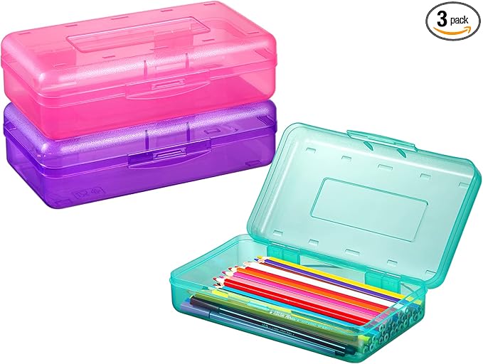 Sooez 3 Pack Pencil Case, Large Hard Pencil Box Bulk, Clear Crayon Box Marker Pen Organizer, Plastic Storage Container with Snap Lid, Stackable Art Craft Organizer Back to School Supplies