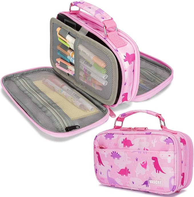 VASCHY Pencil Case for Girls, Aesthetic Kawaii Large Pencil Pouch Stationary Pencil Bag/Box for Preppy Kids, Pen Organizer Holder School Supply Pink Dinos