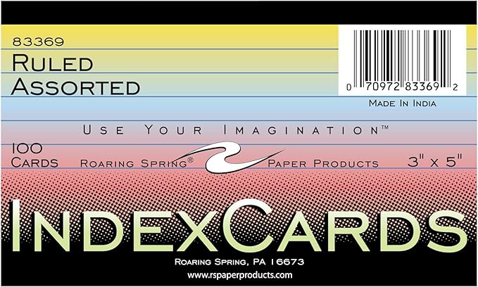 Roaring Spring Colored Index Cards 3"x5", 100 Count, Smooth 100# Index Paper, Ruled on Front, Blank on Back, 3 Colors (Pack of 36)