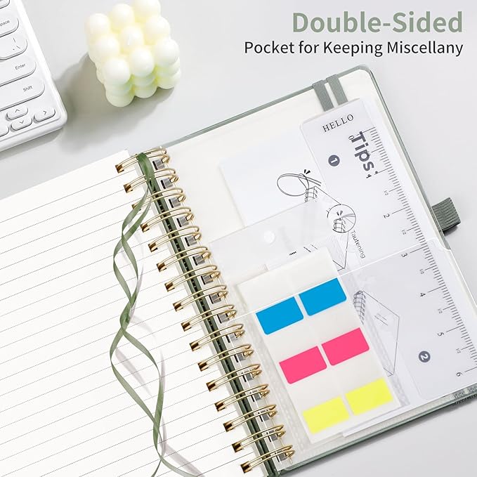EMSHOI A5 Spiral Notebook College Ruled, Thick 300 Numbered Pages 100GSM Ink-Proof Paper, Faux Leather Hardcover Lay-Flat Lined Journal for Work Office School Writing, 5.7"x8.22", Light Green