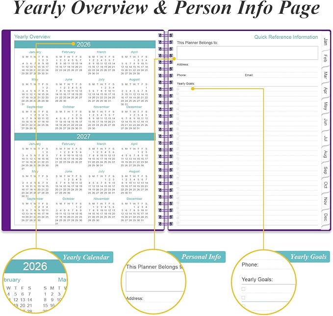 2026-2027 Monthly Planner - 15 Monthly Calendar, April 2026 - June 2027, Two Pages Per Month, 9" x11" Planner with Tabs, Strong Twin-Wire Binding, Inner Pocket, Purple