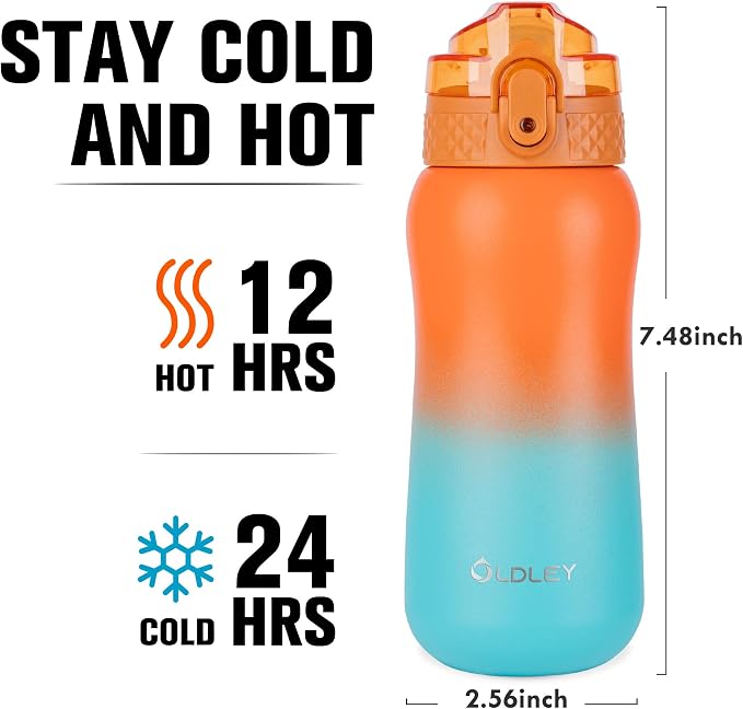 Oldley Insulated Water Bottle 12oz Kids Water Bottles with Straw, Stainless Steel Water Bottle with 2 Lids,Double Wall Vacuum Bottle, Leak-Proof Sport Bottles for School Travel, Ombre Orange-green