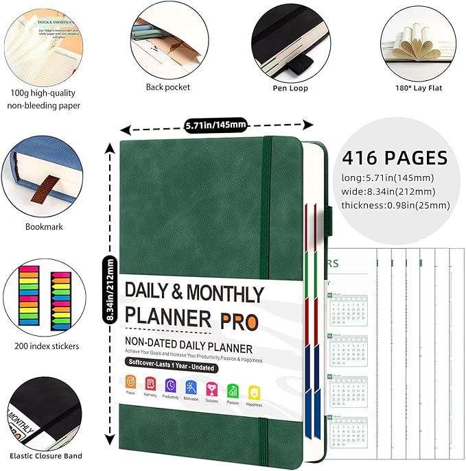 416-Page Daily & Weekly Planner Notebook – Thick 100gsm Paper Productivity Journal with 200 Index Stickers, Hardcover B5 Organizer for Office & Study (Green)