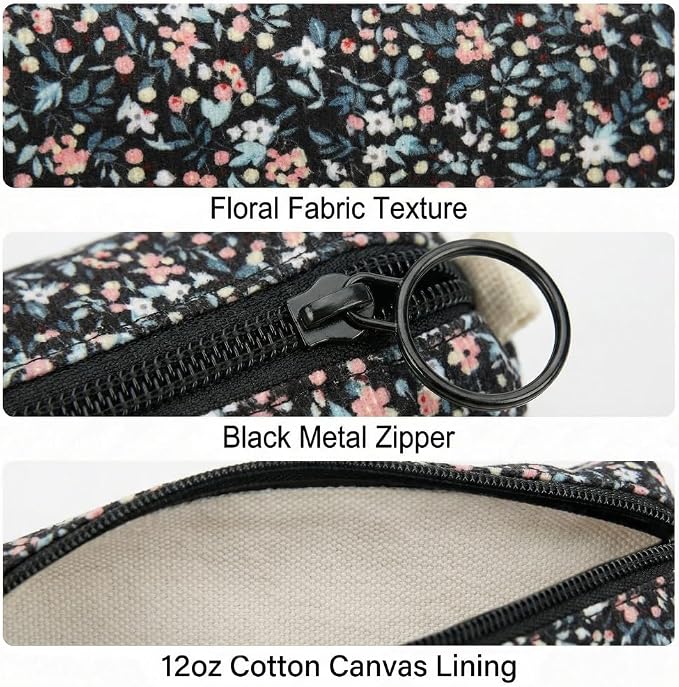 Soft Corduroy Pencil Case Pen Pouch Organizer, Small Stationery Bag | Black small floralzipper pencil pouch, smooth zipper, daily cosmetics holder, compact organizer for school teen girls, women