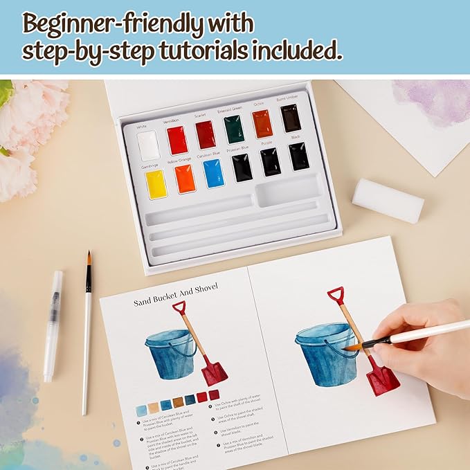 Watercolor Workbook for Beginners-Water Color Books Paint Set with 12 Original Patterns,Water Coloring Book with 12 Colors&Brushes,Arts&Crafts Birthday Gifts(Seaside)