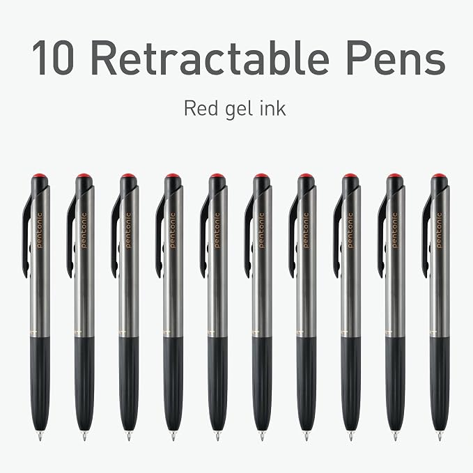 Pentonic G-RT Retractable Gel Pens, 10 Count, Red Ink, 0.7 mm Fine Point, Smooth Writing For Journaling, Note Taking, Office & School (1002364)